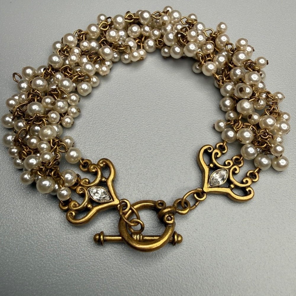 Vintage Faux Pearl Cluster Bracelet Gold Tone Toggle Victorian Revival 6.5"